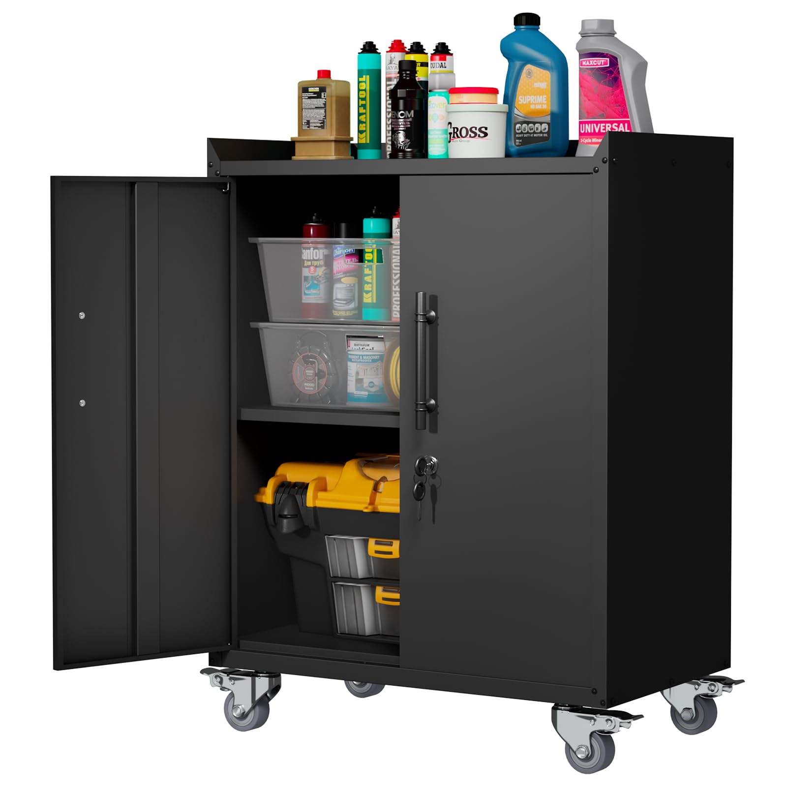 Leariso Garage Storage Cabinet with Wheels,Metal Storage Cabinet with Doors and Adjustable Shelves,Lockable Steel Storage Cabinet,for Garage, - WoodArtSupply