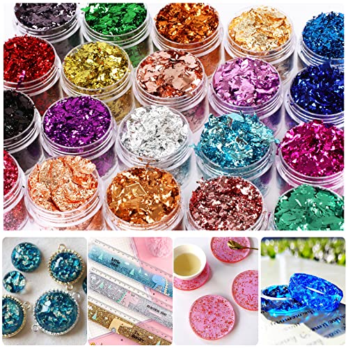 Gold Foil Flakes, 20 Bottles Gilding Flakes Set, Metallic Foil Flakes, Imitation Gold Foil Flakes with Tweezers for Resin, Nail Art, Painting, Slime Abeewin