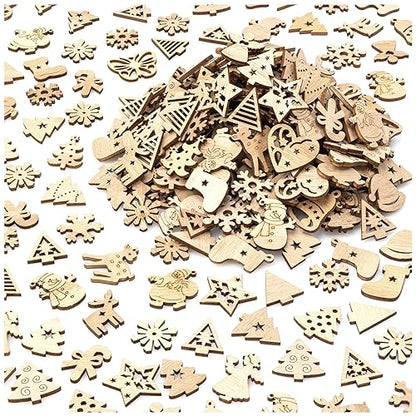 300 Pieces Christmas Unfinished Mini Wooden Ornaments Christmas DIY Mini Wood Blank Cutouts Christmas Tree Painting DIY Craft for Xmas Decorations