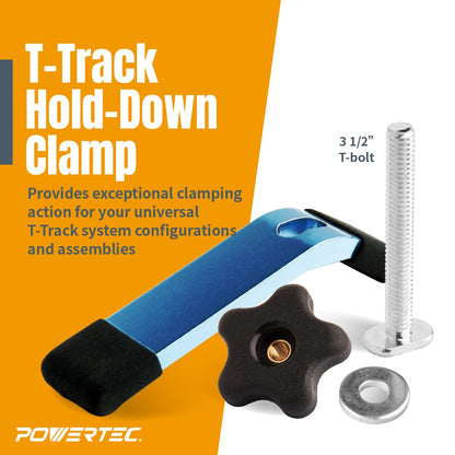 POWERTEC 71169 48-Inch Universal T-Track with 2 Hold-Down Clamps, anodized blue