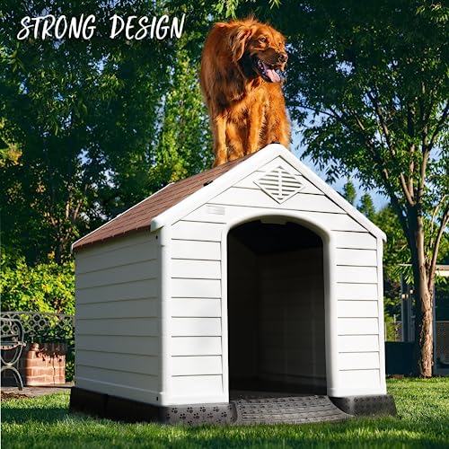 PUKAMI Plastic Dog House Outdoor Indoor,Durable Dog House for Small Medium Large Dogs,Waterproof Dog Houses with Elevated Floor and Air PUKAMI
