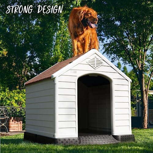 PUKAMI Plastic Dog House Outdoor Indoor,Durable Dog House for Small Medium Large Dogs,Waterproof Dog Houses with Elevated Floor and Air - WoodArtSupply