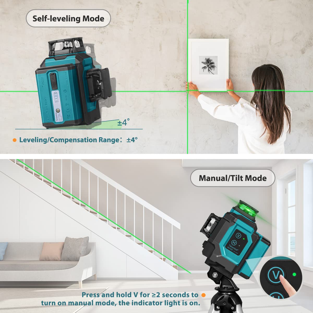 Takamine 3x360° 12 Lines Self Leveling Green Laser Level, 3D Cross Line for Construction/Picture Hanging with Removable Li-ion Battery, Remote Takamine