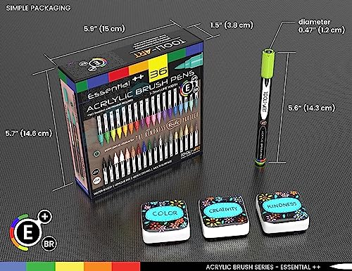 36 Flexible Brush Tip Acrylic Paint Pens Markers Set 1-7mm Line for Rock Painting, Brush Lettering, Scrapbooking, Glass, Mugs, Wood, Metal, Canvas, TOOLI-ART