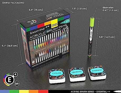 36 Flexible Brush Tip Acrylic Paint Pens Markers Set 1-7mm Line for Rock Painting, Brush Lettering, Scrapbooking, Glass, Mugs, Wood, Metal, Canvas, TOOLI-ART