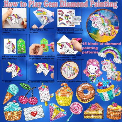 Huastyle Arts & Crafts Kits for Kids Girls Ages 8-12, 24 Wood Slices Pack with Diamond Painting Creative DIY Activity Gifts Toy, Wooden Ornaments Crafts for Girls 4-6 6-8 Years Old Birthday Gifts