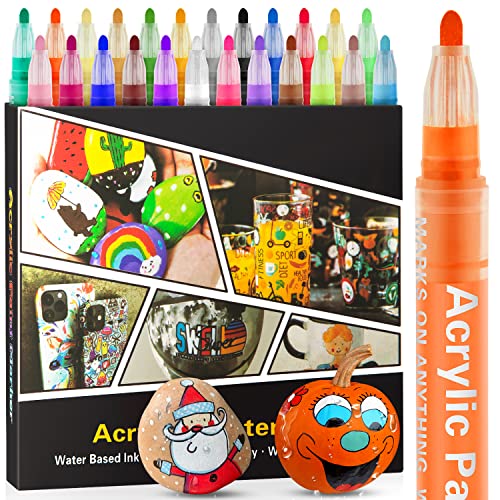 Acrylic Paint Pens Markers-24 Colors Waterproof Paint Pens for Rock Painting,Graffiti, Stone, Ceramic, Glass, Wood, Fabric, Canvas, Porcelain,