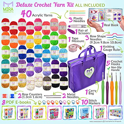 Premium Crochet Yarn Kit | 40 Colorful Acrylic Yarns (875 Yards), All Crocheting and Knitting Supplies for Yarn Crafts, and Books for Design Mira HandCrafts