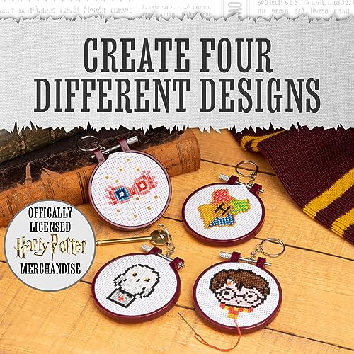 Harry Potter Stamped Cross Stitch 4 Pack, Embroidery Starter Kit for Beginners, Four Patterns, Fun & Easy Backpack Charms Craft Activity for Fans Paladone