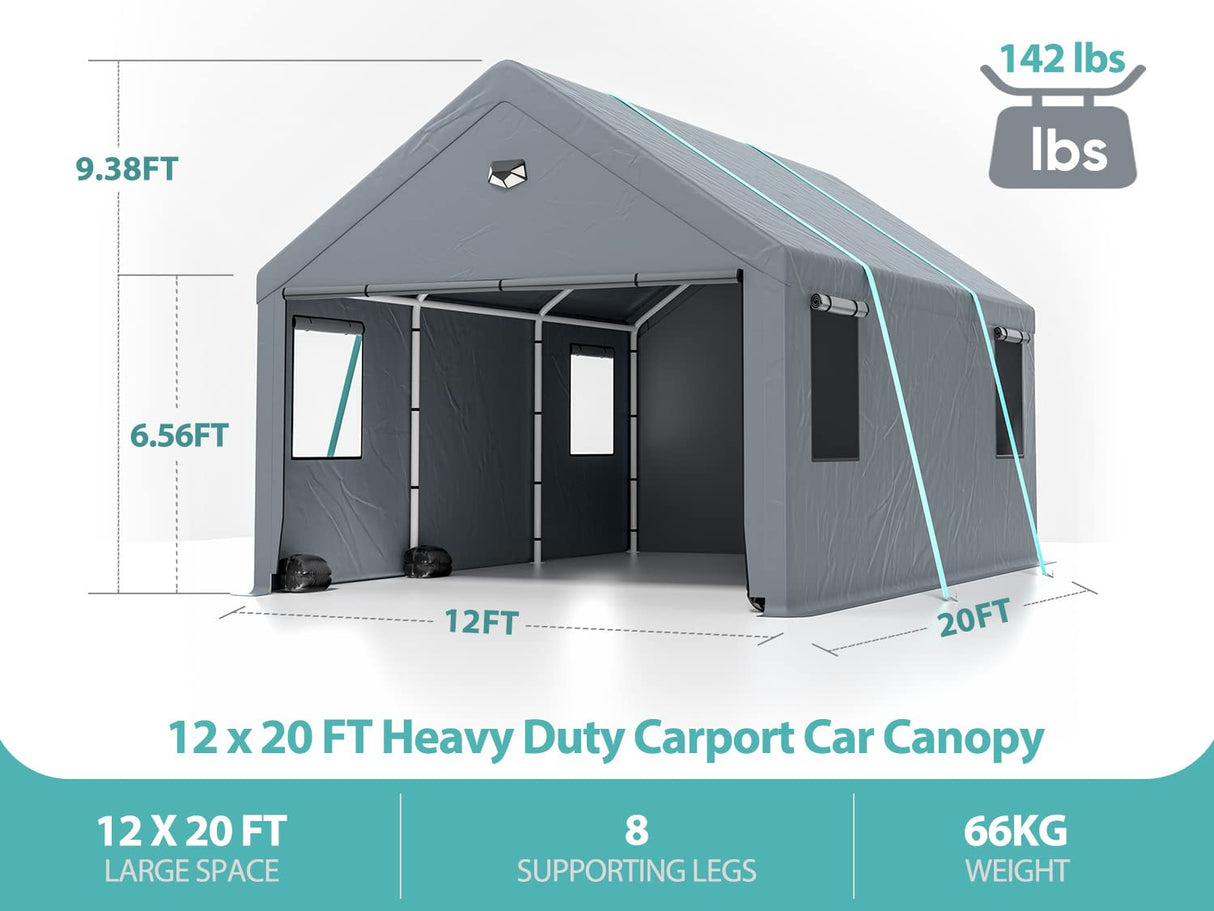 12 * 20 Heavy Duty Carport Canopy - Extra Large Portable Car Tent Garage with Roll-up Windows and All-Season Tarp Cover,Metal Roof &Side Walls for Sannwsg