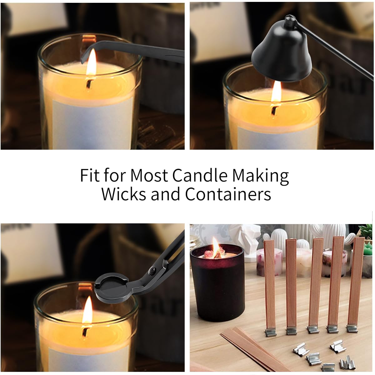 XBTEBBWL 100Pcs 5.1 X 0.5 Inch Wooden Candle Wicks,Candle Trimmer Set and  Smokeless Candle Wicks with Iron Stand for DIY Candle Making