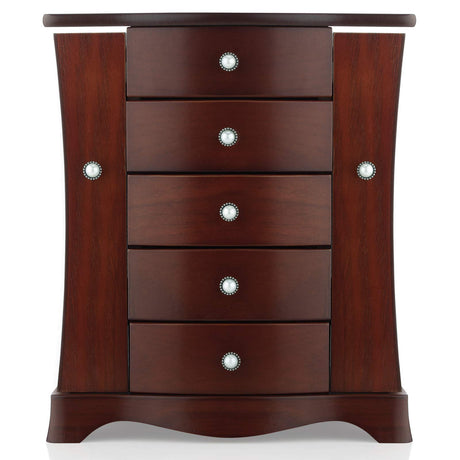 RR ROUND RICH DESIGN Jewelry Box - Made of Solid Wood with Tower Style 4 Drawers Organizer and 2 Separated Open Doors on 2 Sides and Large Mirror RR ROUND RICH DESIGN