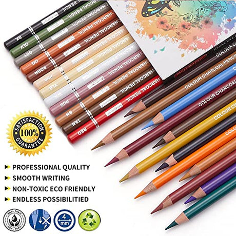 PANDAFLY Professional Colored Charcoal Pencils Drawing Set, Skin Tone Colored Pencils, Pastel Chalk Pencils for Sketching, Shading, Coloring, PANDAFLY