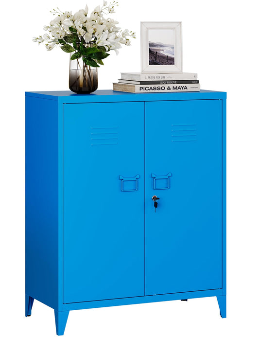 MIIIKO Metal Accent Storage Cabinet with 2 Locking Doors, Blue Locker Storage Cabinets with 2 Adjustable Shelves, Sideboard Buffet Cabinet for - WoodArtSupply