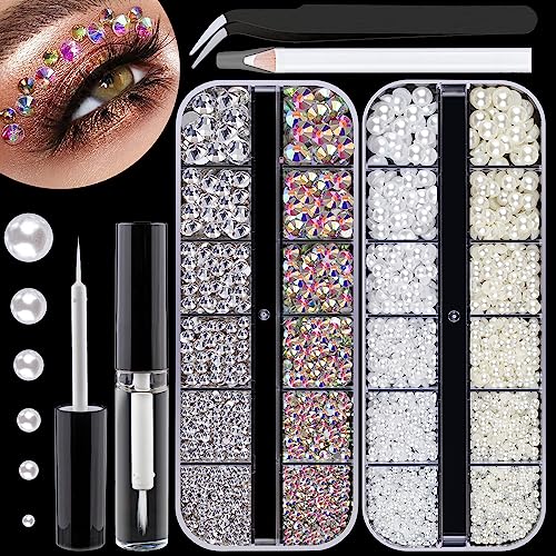 2300pcs Face Gems Flatback Rhinestone for Makeup with Glue, Round Glass Crystal AB & Clear Rhinestones, Flatback White & Beige Pearls with Tweezer + - WoodArtSupply