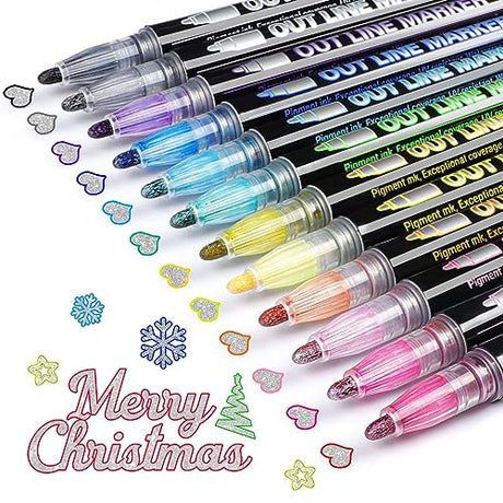 Morfone Outline Markers, Double Line Glitter Shimmer Markers Set of 12 Colors Self-outline Metallic Markers Pens for Card Making, Lettering Morfone