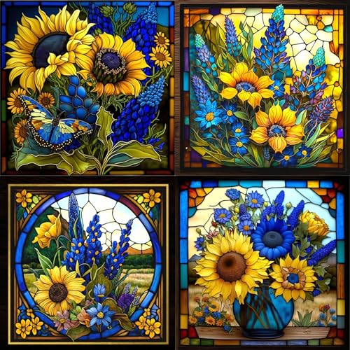 KICHANG 4Pcs Sunflower Stained Glass Diamond Painting Kits,5D Diamond Painting Kits for Adults,DIY Diamond Painting Kits Diamond Art,Round Full Drill - WoodArtSupply