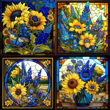 KICHANG 4Pcs Sunflower Stained Glass Diamond Painting Kits,5D Diamond Painting Kits for Adults,DIY Diamond Painting Kits Diamond Art,Round Full Drill - WoodArtSupply