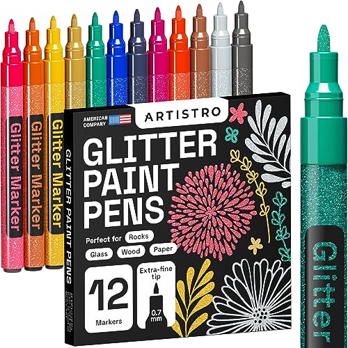 Glitter Paint Pens for Rock Painting, Stone, Ceramic, Glass, Wood, Fabric, Scrapbooking, DIY Craft Making, Art Supplies, Card Making, Coloring. Set ARTISTRO