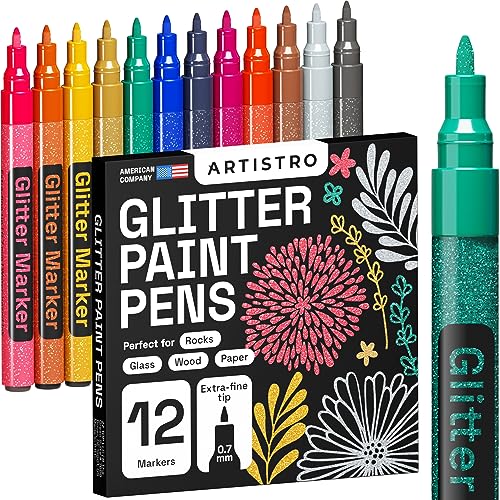 Glitter Paint Pens for Rock Painting, Stone, Ceramic, Glass, Wood, Fabric, Scrapbooking, DIY Craft Making, Art Supplies, Card Making, Coloring. Set