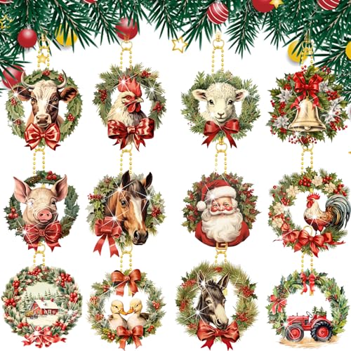 12 Pcs Christmas Diamond Painting Keychains Kit Double Sided DIY Cute Christmas Farm Animals Diamond Painting Keychains for Beginners Adults Art Demonwer