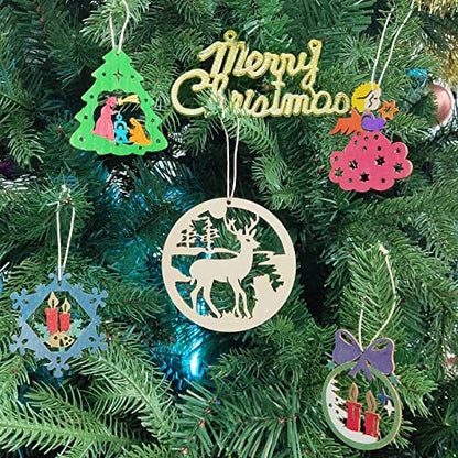 50Pcs Wooden Tree Christmas Decorations Hanging Ornaments for Xmas Tree Home Decor, Christmas Tree Oranements Set Unfinished Wood Slices to Paint Art