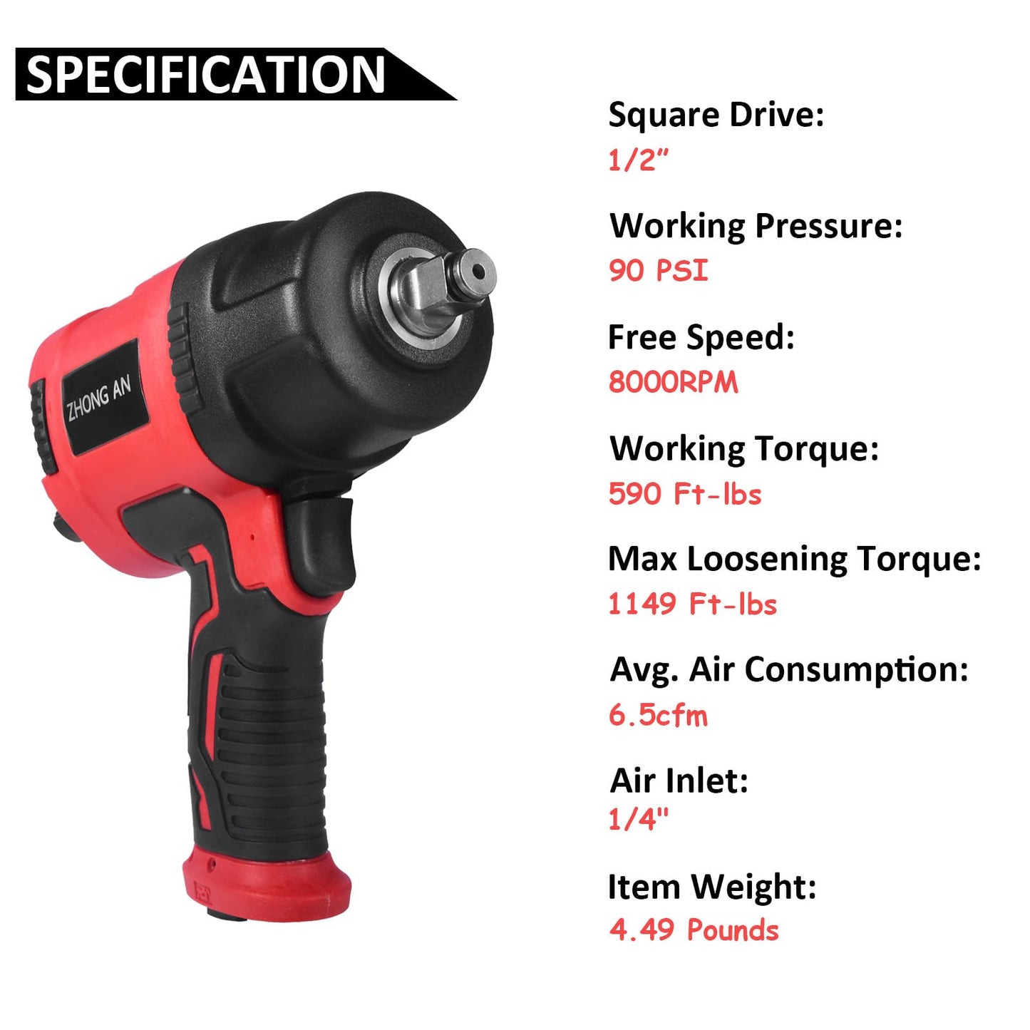 ZHONG AN Air Impact Wrench 1/2 Inch Square Drive, Twin Hammer Heavy Duty 1149 ft.lb Max Loosening Torque, Pneumatic Impact Wrench for Automotive - WoodArtSupply