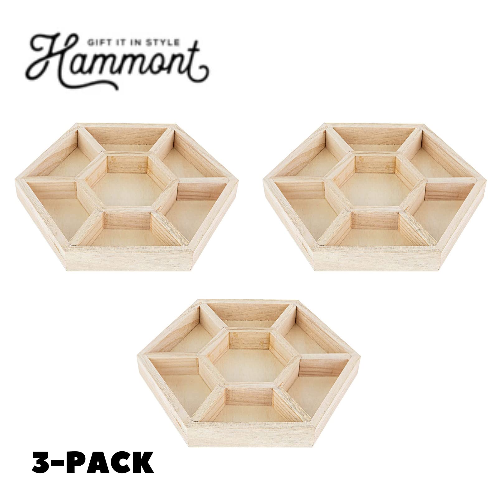 Hammont Hexagon Sectional Wooden Trays - 3 Pack - 8.5”x8.5”x1” - Eco Friendly Decorative Wooden Tray for Dry Fruits & Candies | Organic Wooden Tray - WoodArtSupply