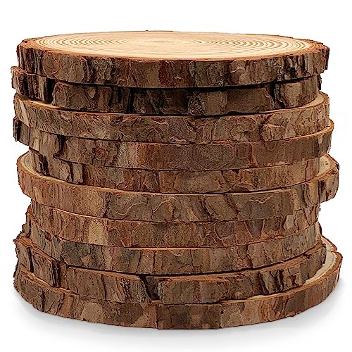 DSYIL 10 PCS Unfinished Wood Slices Bulk, 5.1-5.5 Inch Round Craft Wood Circles with Tree Bark,Christmas Ornaments Wood for Crafts Rustic Wedding Centerpieces Decoration