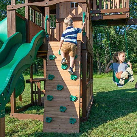 Backyard Discovery Skyfort All Cedar Swing Set, Elevated Covered Wood Roof Clubhouse with Bay Windows, 2 Belt Swings, Web Swing, 10ft Wave Slide, 5 Backyard Discovery