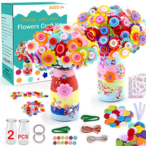 Crafts for Girls Ages 4-12 Gift Make Your Own Flower Bouquet with Buttons Felt Flowers, Christmas gift Vase Art and Craft for Children - DIY Activity