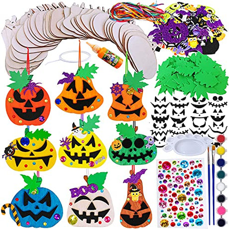 Winlyn 63 Sets Halloween Craft Kits Fall Crafts DIY Wooden Pumpkin Ornaments Decorations Art Sets Unfinished Wood Pumpkins Halloween Stickers for Winlyn
