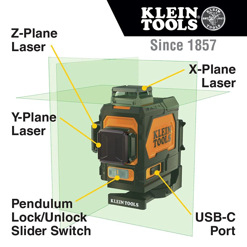 Klein Tools 93PLL Self-Leveling Laser Level, Green 3x360-Deg Planes, Rechargeable Battery, Magnetic Mount, Class II Laser (≤1mW @ 510-530nm), Orange Klein Tools