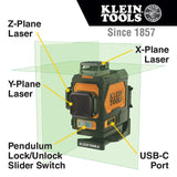 Klein Tools 93PLL Self-Leveling Laser Level, Green 3x360-Deg Planes, Rechargeable Battery, Magnetic Mount, Class II Laser (≤1mW @ 510-530nm), Orange Klein Tools