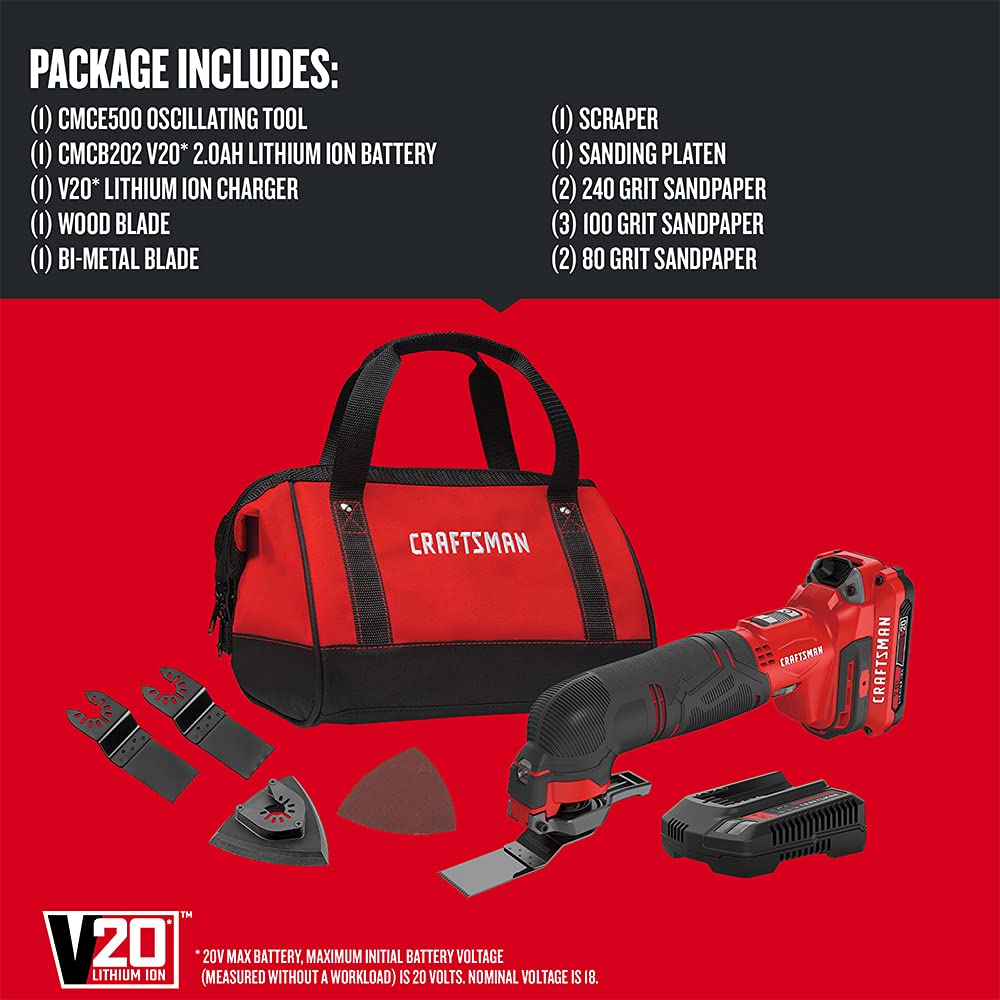 CRAFTSMAN V20 Cordless Multi-Tool, Oscillating Tool Kit, 16 Piece Kit with Blades, Sand Paper, Battery and Charger Included (CMCE500D1) - WoodArtSupply