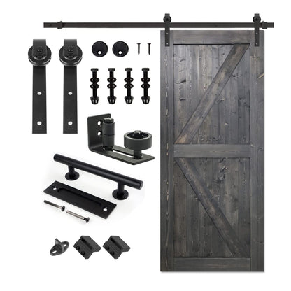 S&Z TOPHAND® 36 in x 84 in Deep Gray British Brace Knotty Barn Door with 6.6FT Sliding Door Hardware Kit/Double -Sided Door Handle/Solid Wood/Sliding - WoodArtSupply