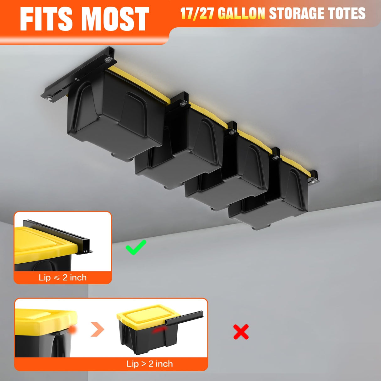 TORACK Garage Ceiling Bin Storage Rack, Overhead Tote Storage Rail System Heavy Duty Adjustable Tote Slide Garage Storage System(for 4 Bins, Bins are TORACK