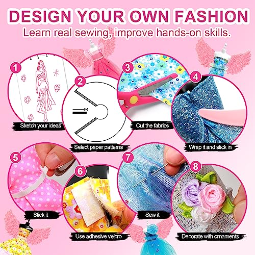 Axirata 600+PCS Fashion Design Kit for Girls Creativity DIY Arts & Crafts Kit for Kids with 4 Mannequins, Fashion Designer Sketchbook, Sewing Kit for - WoodArtSupply