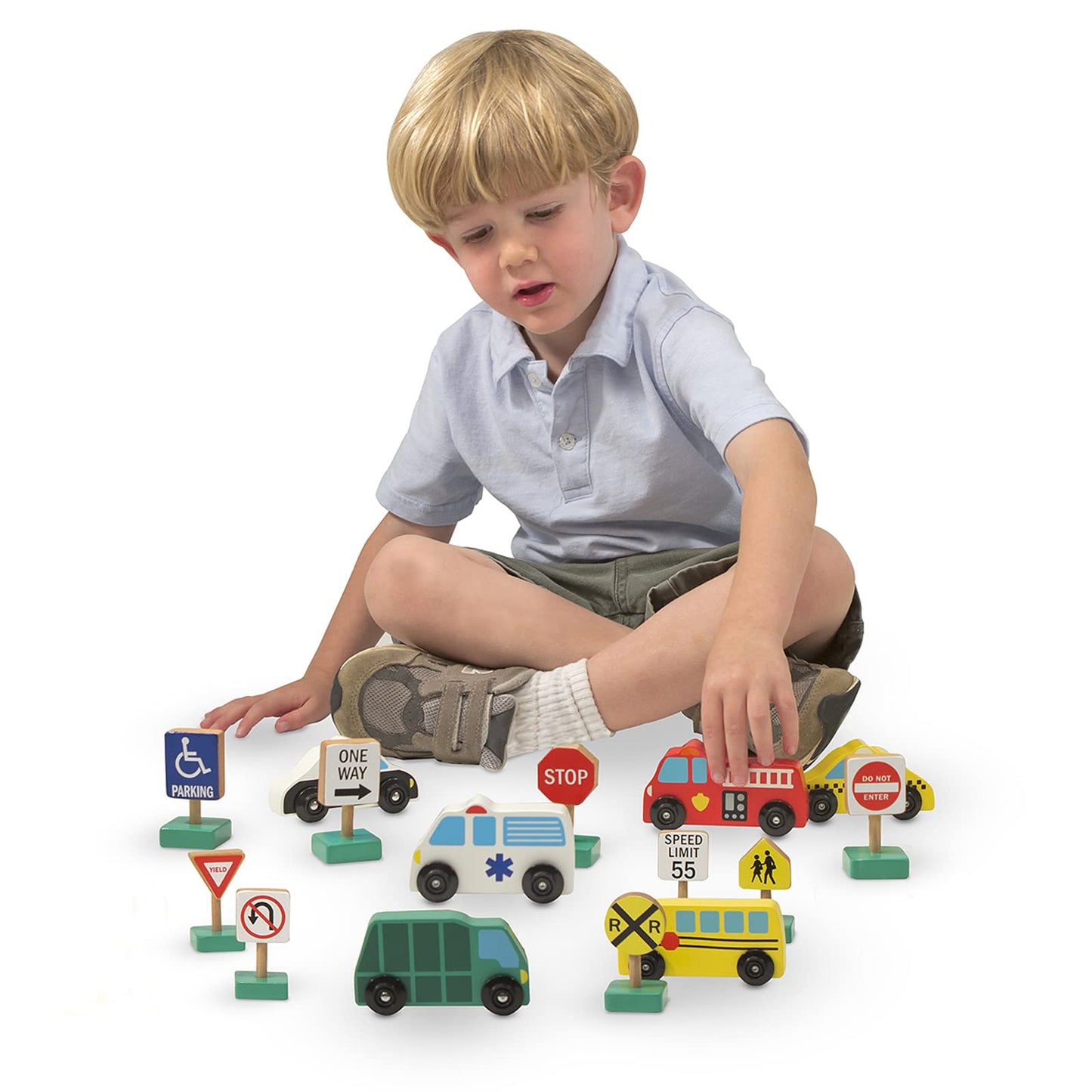 Melissa & Doug Wooden Vehicles and Traffic Signs With 6 Cars and 9 Signs - WoodArtSupply