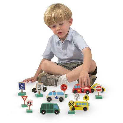 Melissa & Doug Wooden Vehicles and Traffic Signs With 6 Cars and 9 Signs - WoodArtSupply