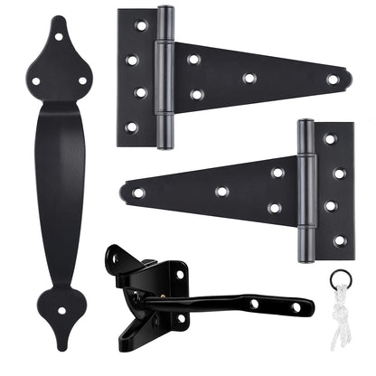 Gate Hardware Kit Heavy Duty,with Self Locking Gate Latch,6 inch T Strap Gate Hinges and 10 inch Gate Door Handle Pull,Shed Door Hardware Set for - WoodArtSupply