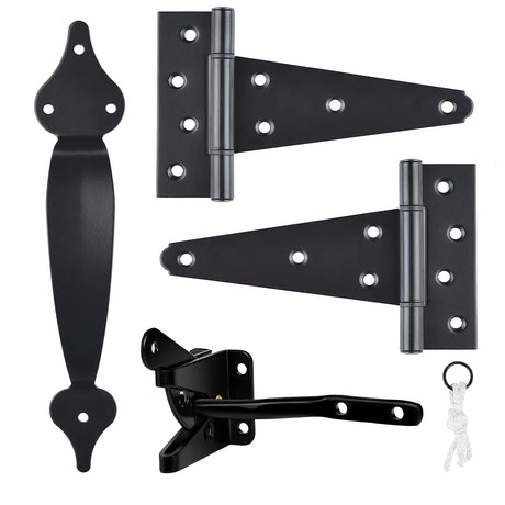 Gate Hardware Kit Heavy Duty,with Self Locking Gate Latch,6 inch T Strap Gate Hinges and 10 inch Gate Door Handle Pull,Shed Door Hardware Set for SANKINS