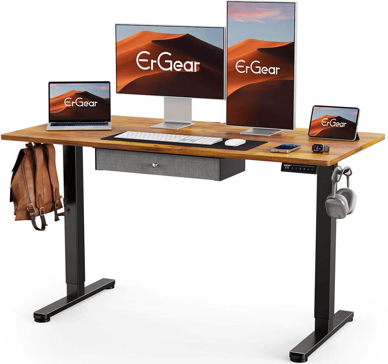 ErGear Electric Standing Desk with Drawer, Adjustable Height Sit Stand Up Desk, Home Office Desk Computer Workstation, 48x24 Inches, Vintage Brown