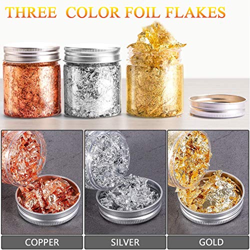 Gold Foil Flakes with Tweezers and Brush, 3 Bottles Imitation Gold Foil Flakes Metallic Leaf for Nail Art, Painting, Crafts and Resin Jewelry MEGANEOPRE