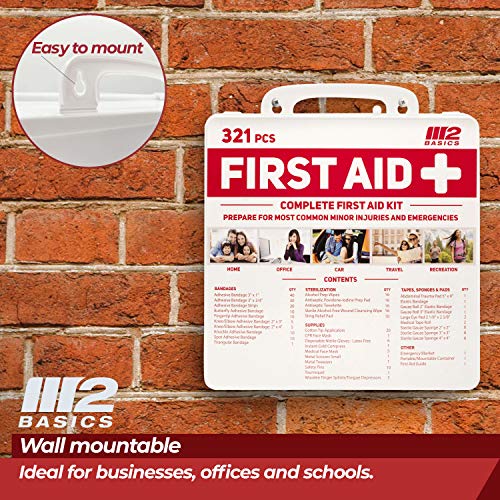 M2 BASICS Complete 321 Piece Emergency First Aid Kit | Business & Home Medical Supplies | Wall Mountable Hard Case | Office, Car, Travel, School, M2 BASICS