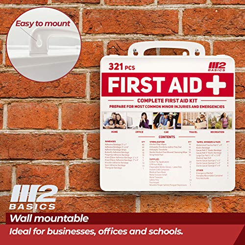 M2 BASICS Complete 321 Piece Emergency First Aid Kit | Business & Home Medical Supplies | Wall Mountable Hard Case | Office, Car, Travel, School, - WoodArtSupply