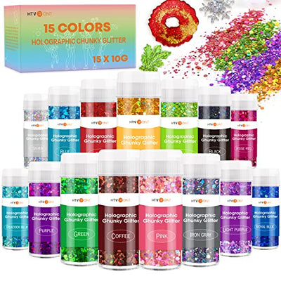 HTVRONT Holographic Chunky Glitter for Resin - 15 Colors Holographic, 150g/5.3oz Craft Glitter Set, Chunky Glitter for Tumblers, Craft, Body, Face,