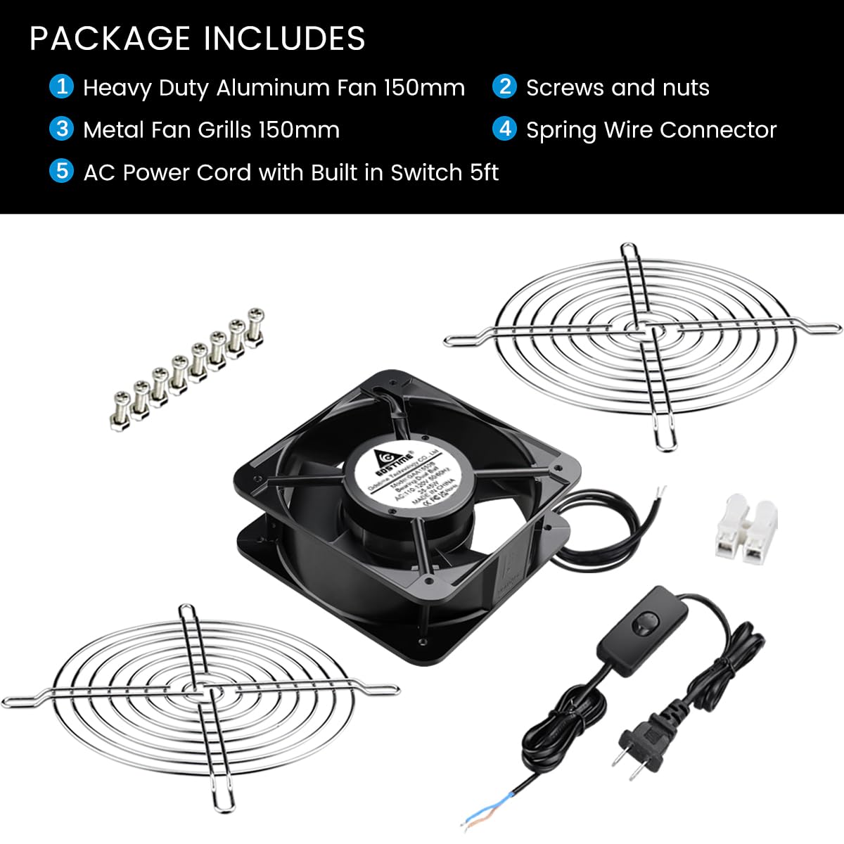 GDSTIME AXIAL Fan 15050, 110V 120V AC 150mm x 150mm x 50mm Fan, Ventilation Exhaust Projects Cooling Fan - WoodArtSupply