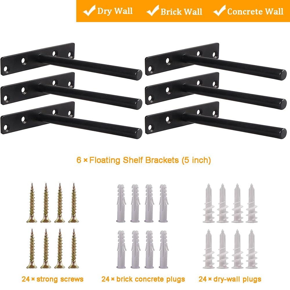 Blind Floating Shelf Brackets 5 Inch - DIY Heavy Duty Wall Shelf Brackets, Solid Steel Matte Black Hidden Support with Hardware for Custom Wood YMDparts