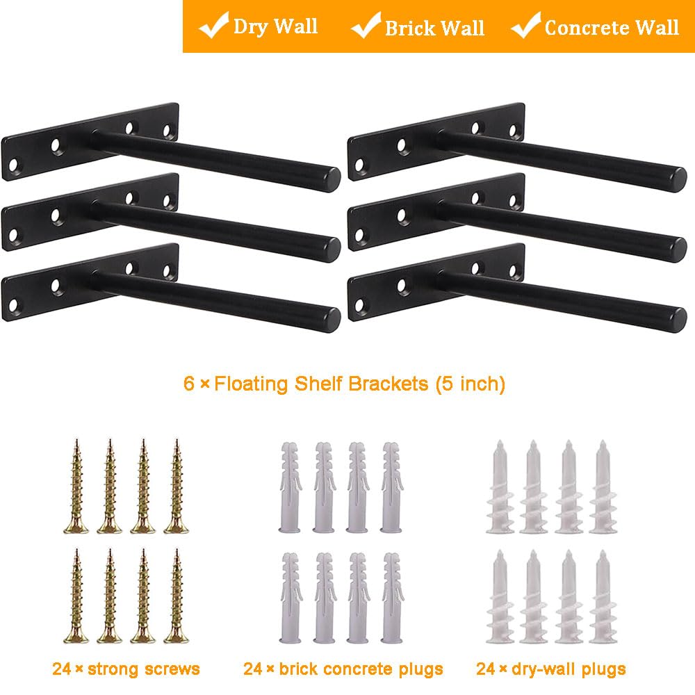 Blind Floating Shelf Brackets 5 Inch - DIY Heavy Duty Wall Shelf Brackets, Solid Steel Matte Black Hidden Support with Hardware for Custom Wood - WoodArtSupply